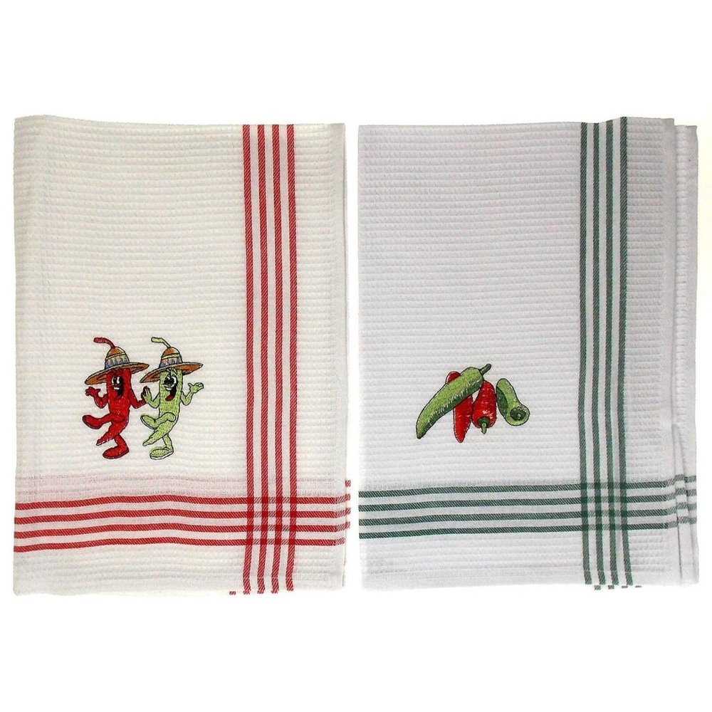 Kitchen Dish Towels Dancing & Hot Peppers Embroidered